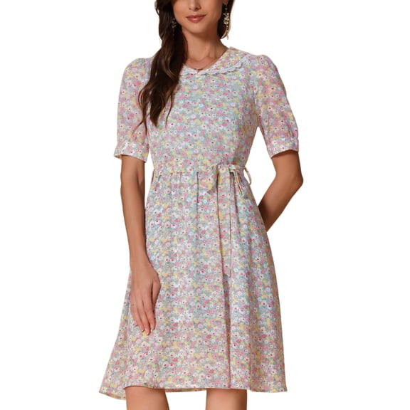 INSPIRE CHIC Women's Vintage Peter Pan Collar High Waist Flowy Midi Puff Sleeve Floral Dress XS Retro Light Blue