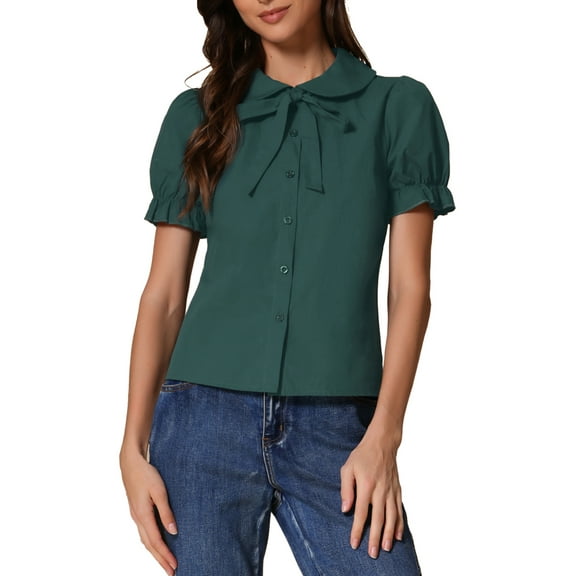 INSPIRE CHIC Women's Blouse Vintage Peter Pan Collar Tie Neck Casual Cute Cotton Button-Up Shirt L Dark Green