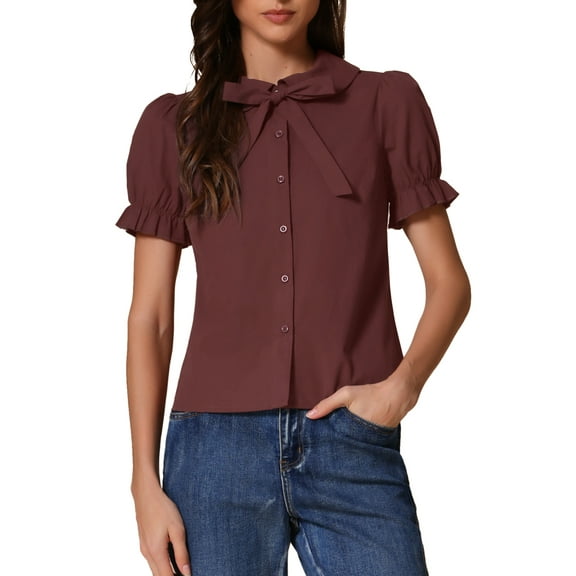INSPIRE CHIC Women's Blouse Vintage Peter Pan Collar Tie Neck Casual Cute Cotton Button-Up Shirt L Wine Red