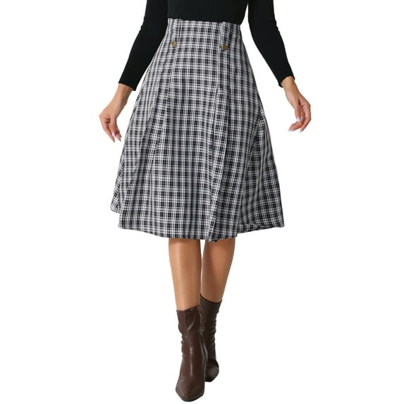 INSPIRE CHIC Women's Plaid Skirt High Rise Pleated A Line Midi Skirt M Black