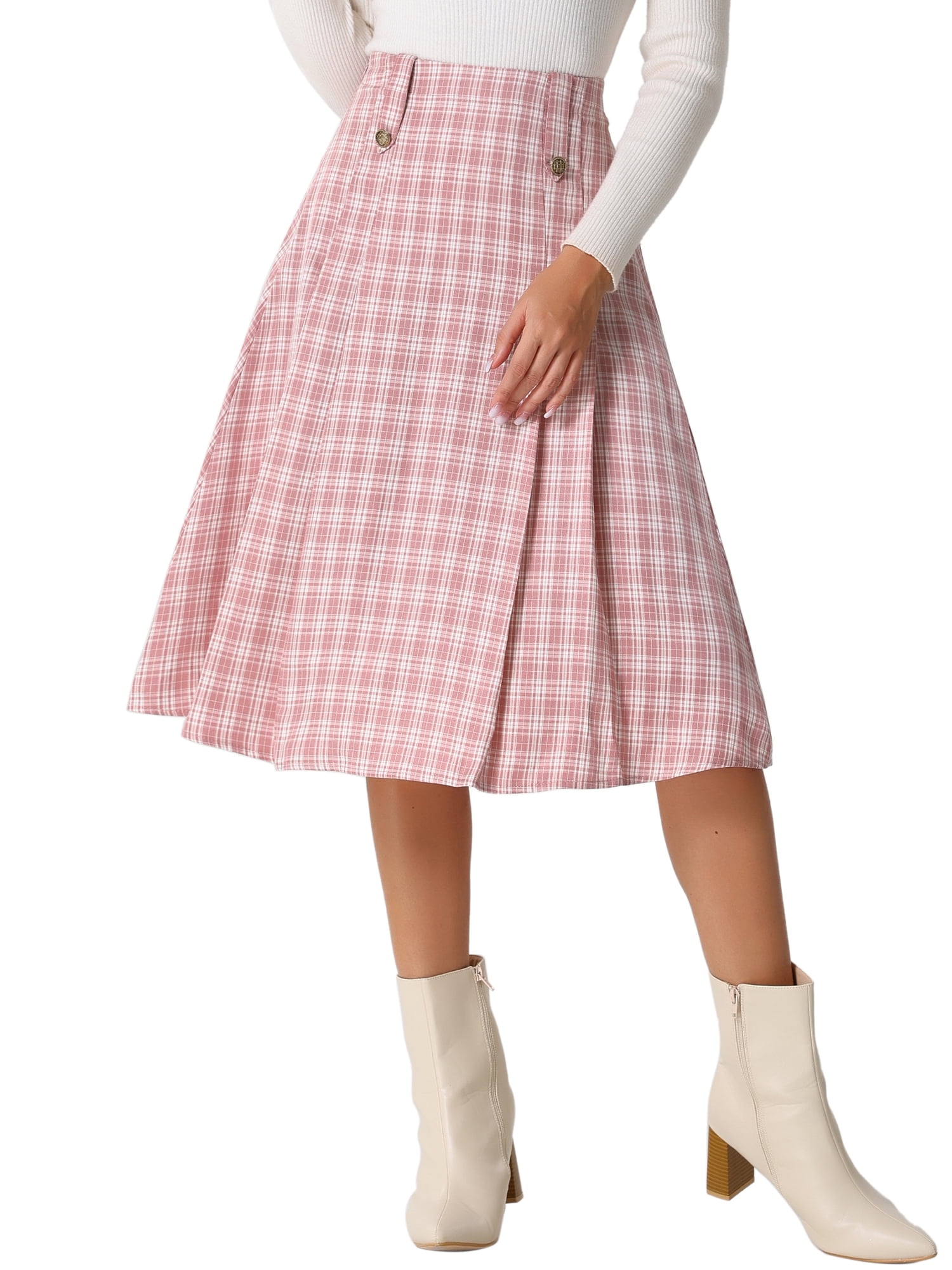 INSPIRE CHIC Women's Plaid Skirt High Rise Pleated A Line Midi Skirt S ...