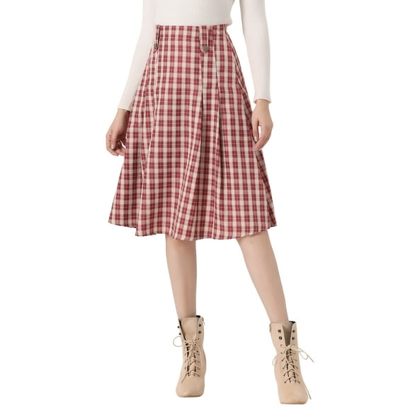 INSPIRE CHIC Women's Plaid Skirt High Rise Pleated A Line Midi Skirt XS Red