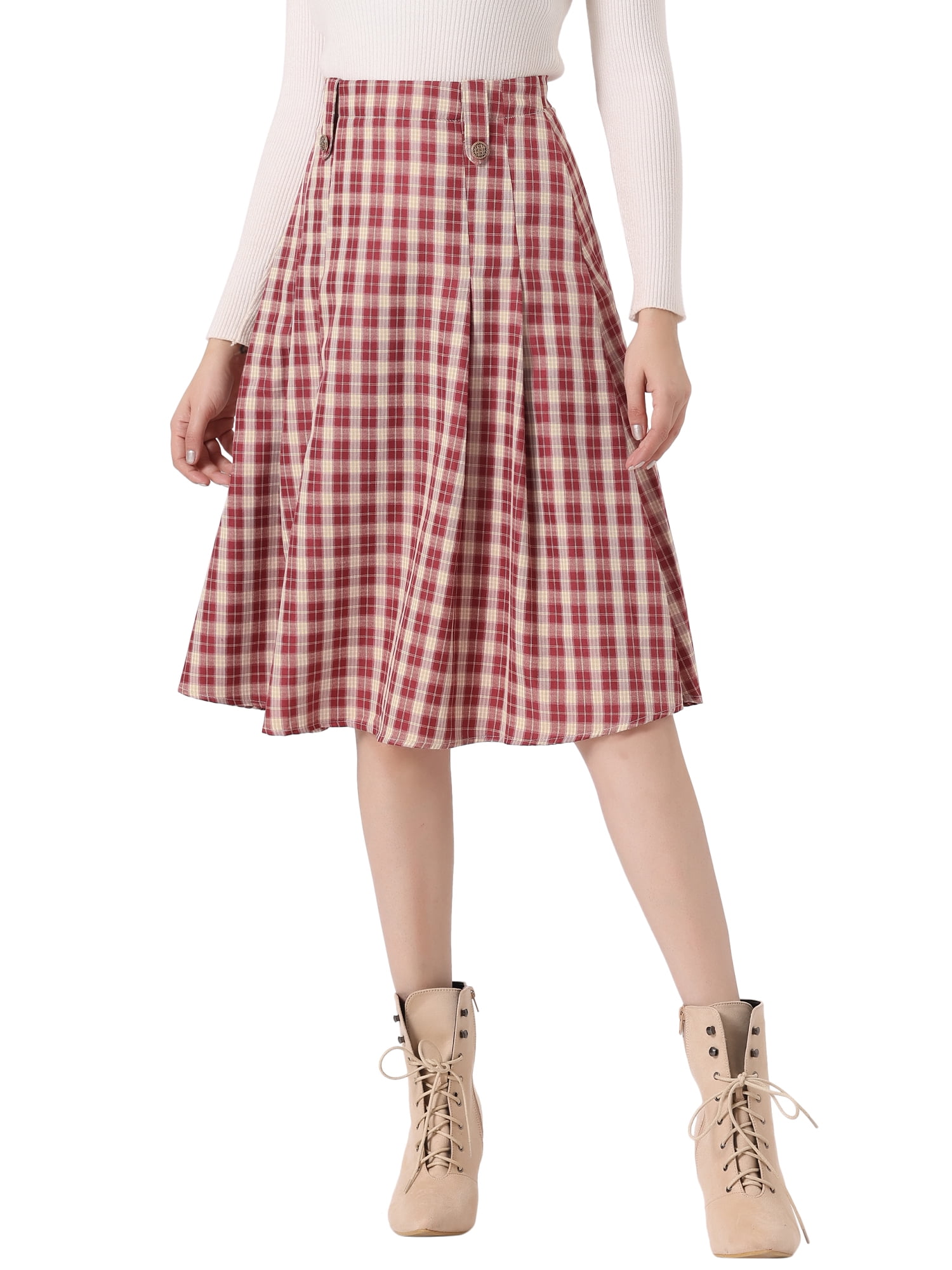 Allegra K Women's Vintage Plaid Skirts High Waist Pleated ALine Midi
