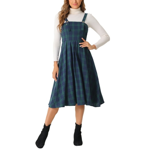 INSPIRE CHIC Women's Vintage Plaid Sleeveless A-Line Overall Pinafore Midi Dress XS Dark Green