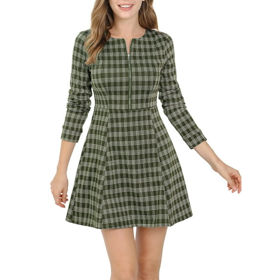 Allegra K Women's Vintage Plaid Zip up Long Sleeve Fit and Flare Mini Dress