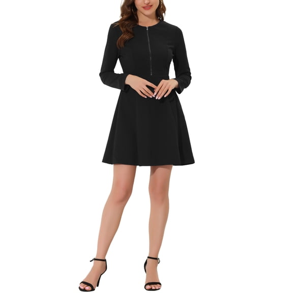 INSPIRE CHIC Women's Vintage Plaid Zip up Long Sleeve Fit and Flare Mini Dress