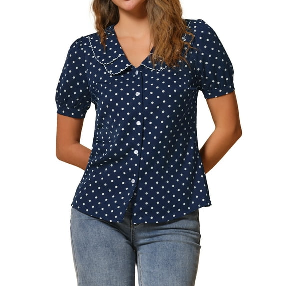 INSPIRE CHIC Women's Vintage Blouse Polka Dots Peter Pan Collar Puff Short Sleeves Shirt Top XL Dark Blue