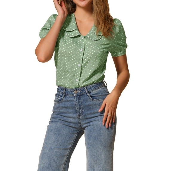 INSPIRE CHIC Valentine's Day Women's Vintage Blouse Polka Dots Peter Pan Collar Puff Short Sleeves Shirt Top XL Light Green