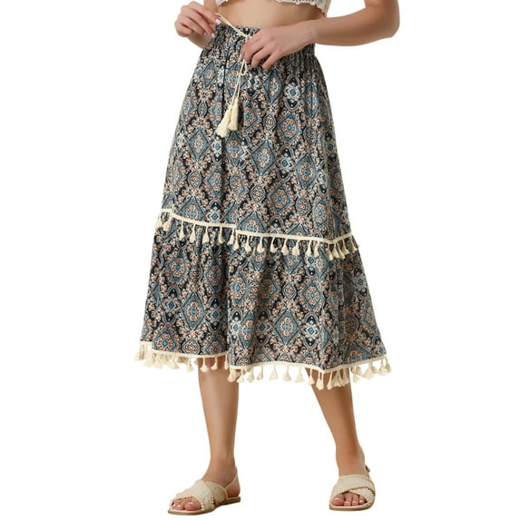 INSPIRE CHIC Women's Vintage Printed Elastic Waist Tiered Tassel Fringe Skirt XL Dark Blue