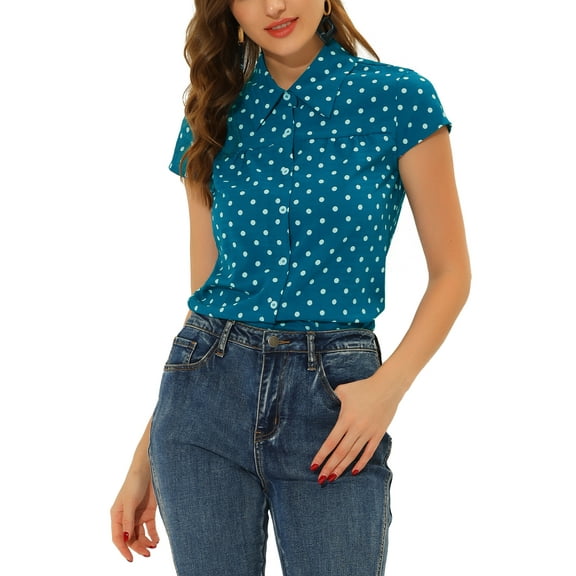 INSPIRE CHIC Women's Vintage Short Sleeve Tops Button Up Polka Dots Shirt L Lake Blue