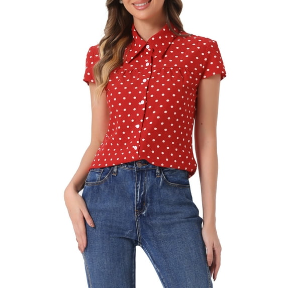 INSPIRE CHIC Women's Vintage Short Sleeve Tops Button Up Polka Dots Shirt L Red