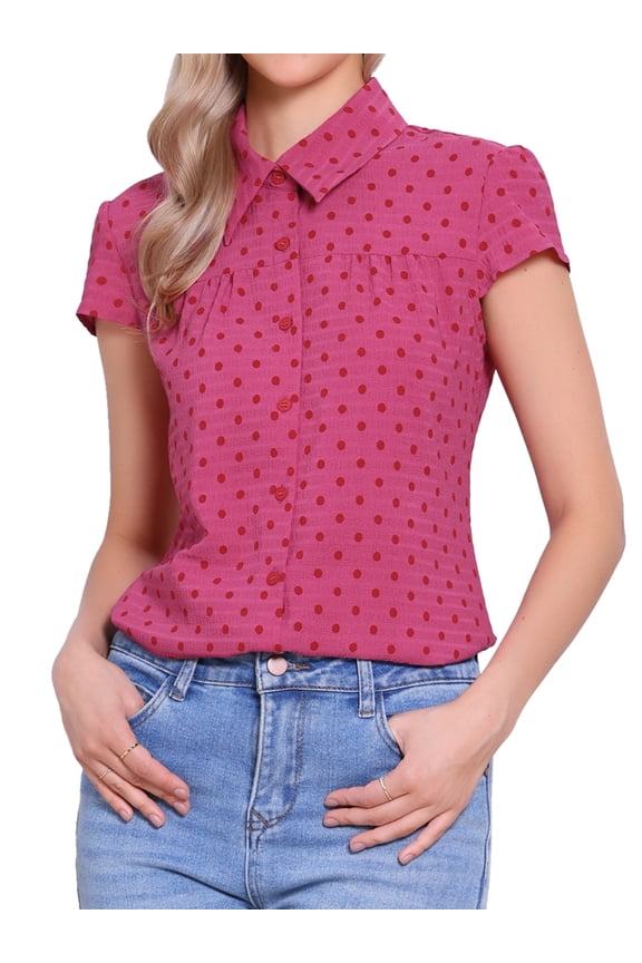 Women's Vintage Short Sleeve Tops Button Up Polka Dots Shirt M Hot Pink