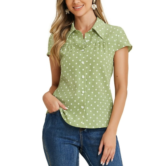 INSPIRE CHIC Women's Vintage Short Sleeve Tops Button Up Polka Dots Shirt S Green