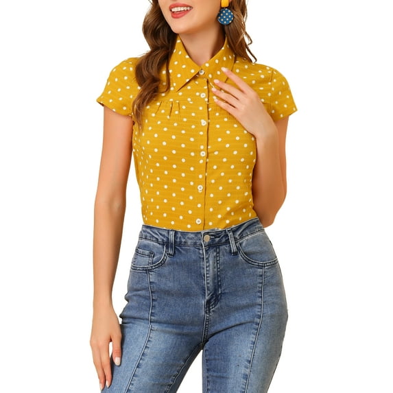 INSPIRE CHIC Women's Vintage Short Sleeve Tops Button Up Polka Dots Shirt XL Yellow