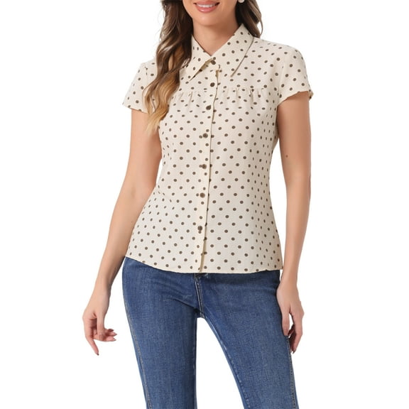 INSPIRE CHIC Women's Vintage Short Sleeve Tops Button Up Polka Dots Shirt XS Dark Beige