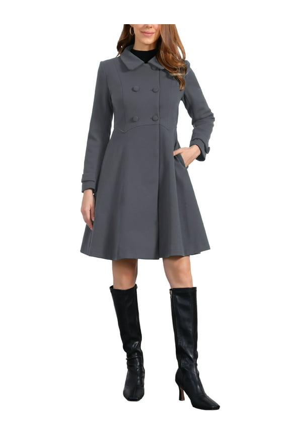 Women's Vintage Solid A Line Double Breasted Collared Winter Overcoat L Dark Grey
