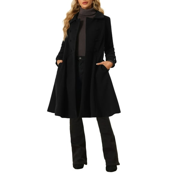 INSPIRE CHIC Women's Vintage Solid A Line Double Breasted Collared Winter Overcoat M Black