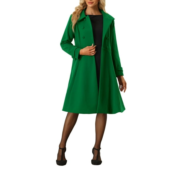 INSPIRE CHIC Women's Vintage Solid A Line Double Breasted Collared Winter Overcoat S Green