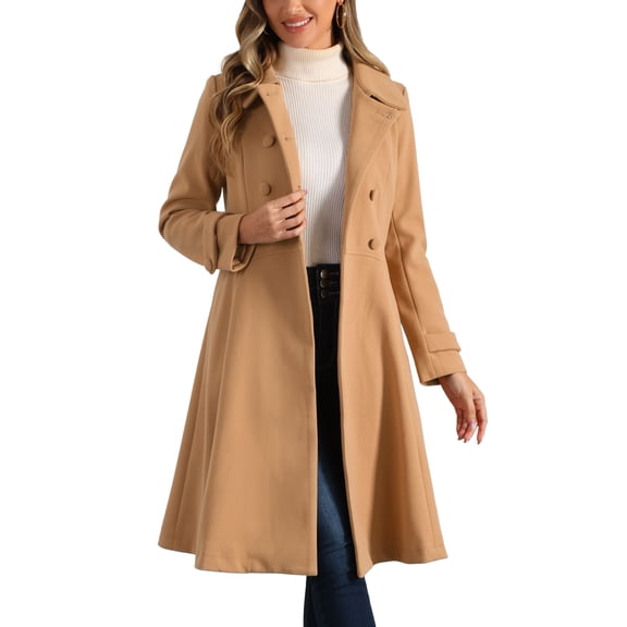 INSPIRE CHIC Women's Vintage Solid A Line Double Breasted Collared Winter Overcoat S Khaki