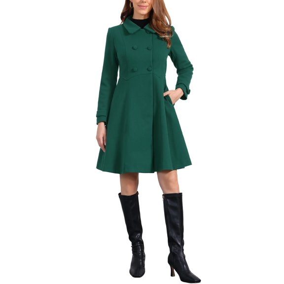 INSPIRE CHIC Women's Vintage Solid A Line Double Breasted Collared Winter Overcoat XS Dark Green