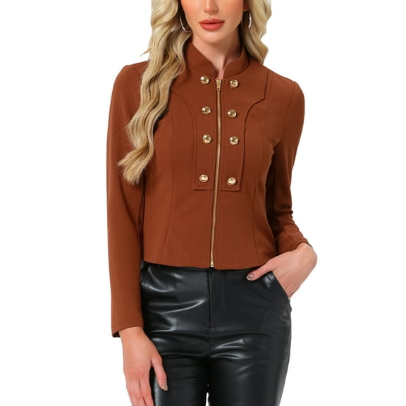 INSPIRE CHIC Women's Vintage Steampunk Stand Collar Button Decor Zip Up Blazer Jacket XS Deep Caramel