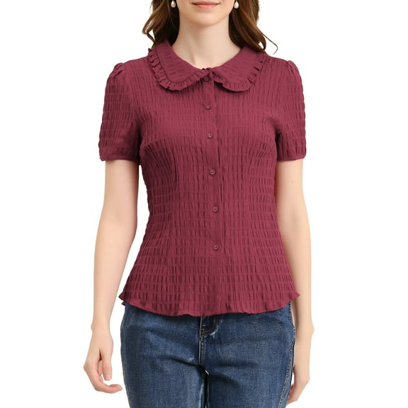 INSPIRE CHIC Women's Vintage Sweet Doll Collar Button Down Soft Shirt M Dark Red