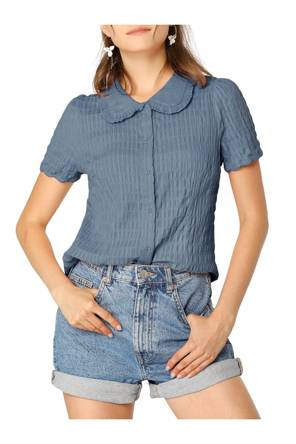 Women's Vintage Sweet Doll Collar Button Down Soft Shirt M Dusty Blue