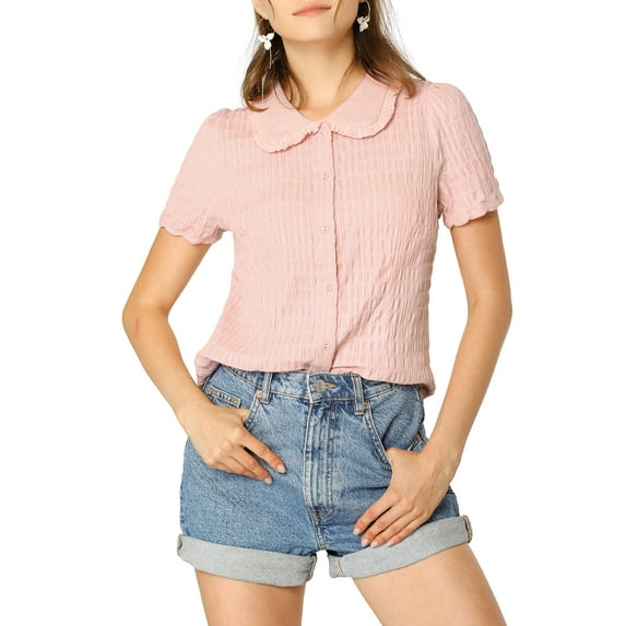 INSPIRE CHIC Women's Vintage Sweet Doll Collar Button Down Soft Shirt M Pink