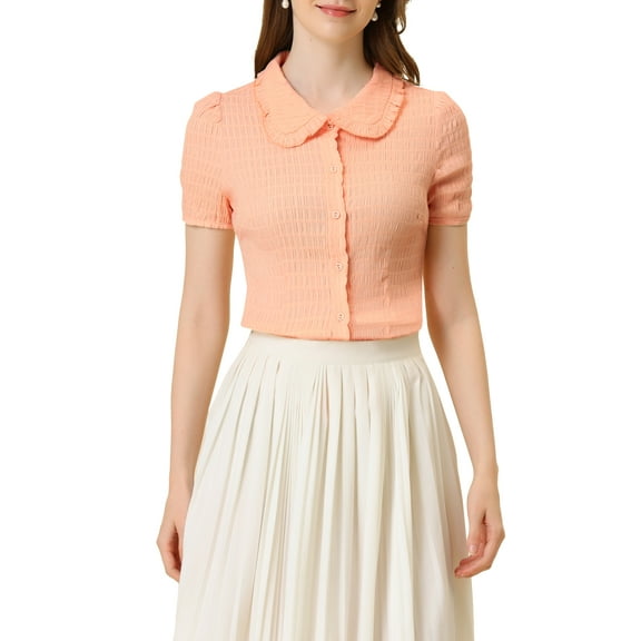 INSPIRE CHIC Women's Vintage Sweet Doll Collar Button Down Soft Shirt S Coral Pink