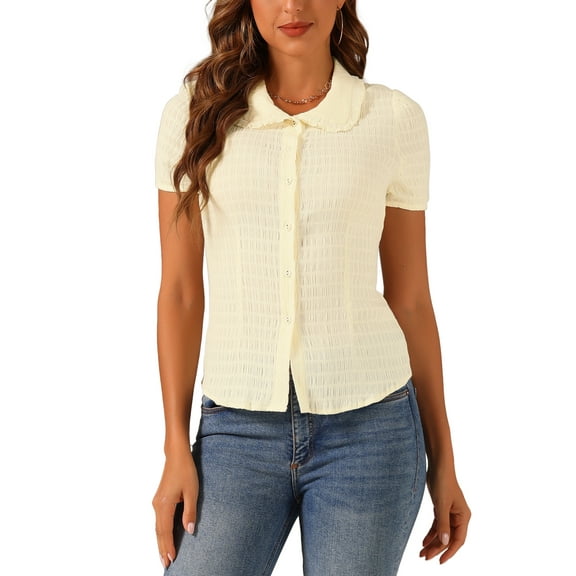 INSPIRE CHIC Women's Vintage Sweet Doll Collar Button Down Soft Shirt S Cream