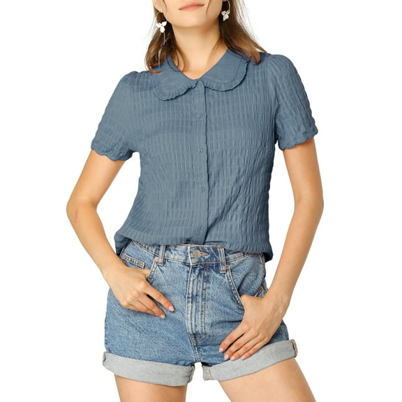 INSPIRE CHIC Women's Vintage Sweet Doll Collar Button Down Soft Shirt S Dusty Blue