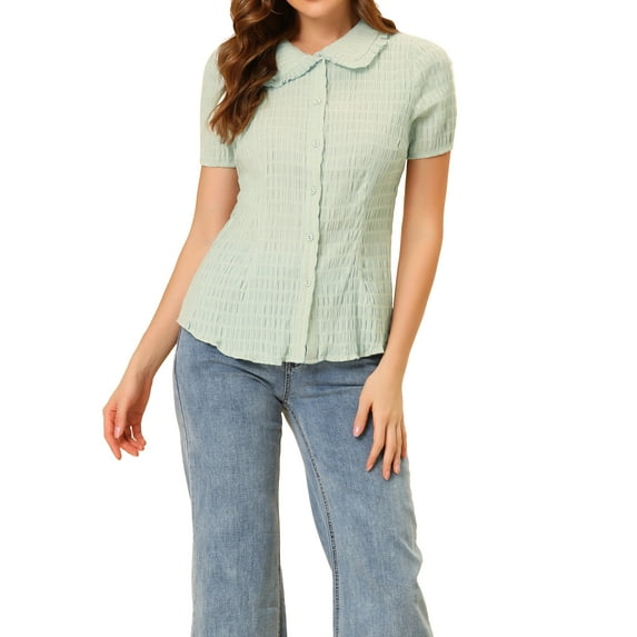 INSPIRE CHIC Women's Vintage Sweet Doll Collar Button Down Soft Shirt XS Green