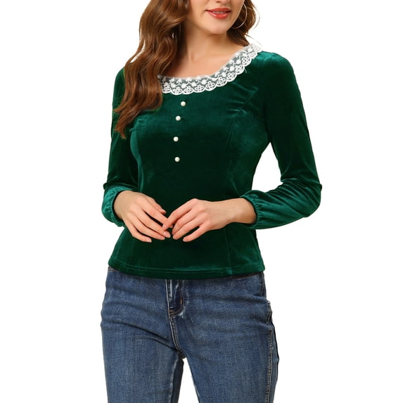 Allegra K Women's Vintage Velvet Top Scoop Neck Button Decor Lace Panel  Shirt