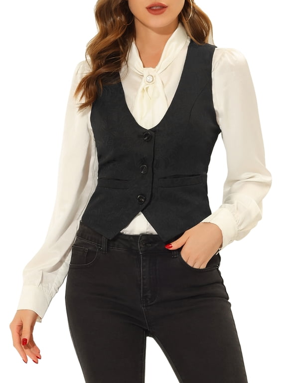 Vintage Vest for Women's Button Up Jacquard Steampunk Suit Waistcoat with Pockets M Black