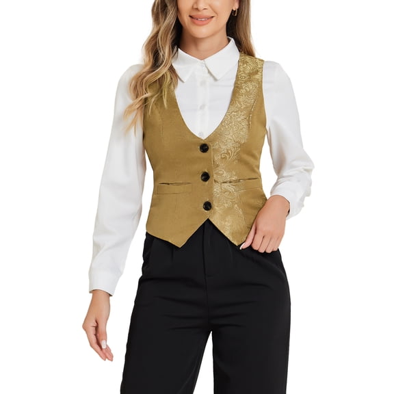 INSPIRE CHIC Vintage Vest for Women's Button Up Jacquard Steampunk Suit Waistcoat with Pockets XL Dark Khaki