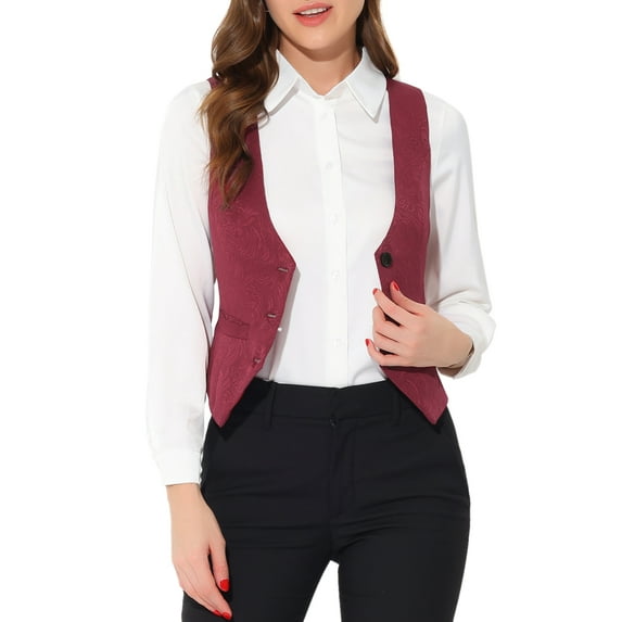 INSPIRE CHIC Vintage Vest for Women's Button Up Jacquard Steampunk Suit Waistcoat with Pockets 2XL Burgundy