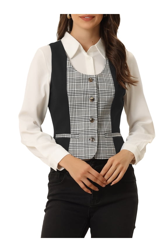 Women's Vintage Waistcoat Vest Plaid Button Down Work Dressy Vests XL Black