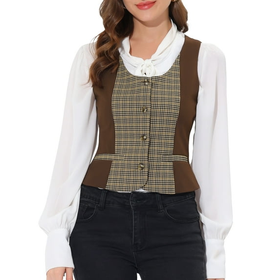 INSPIRE CHIC Women's Vintage Waistcoat Vest Plaid Button Down Work Dressy Vests XS Brown