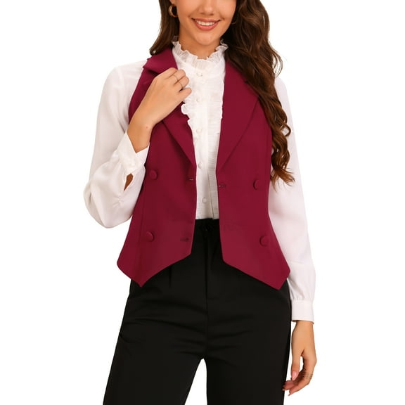 INSPIRE CHIC Women's Waistcoat Notched Lapel V Neck Double Breasted Sleeveless Suit Vests L Burgundy