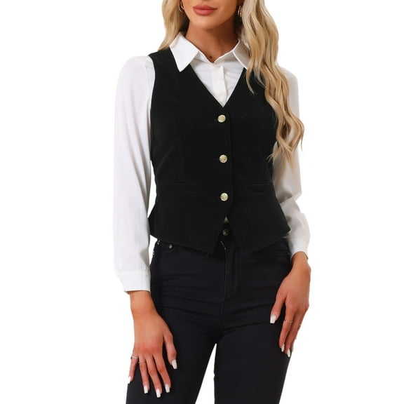 INSPIRE CHIC Women's Waistcoat Steampunk Velvet Christmas Sleeveless Button Down V-Neck Suit Vests L Black