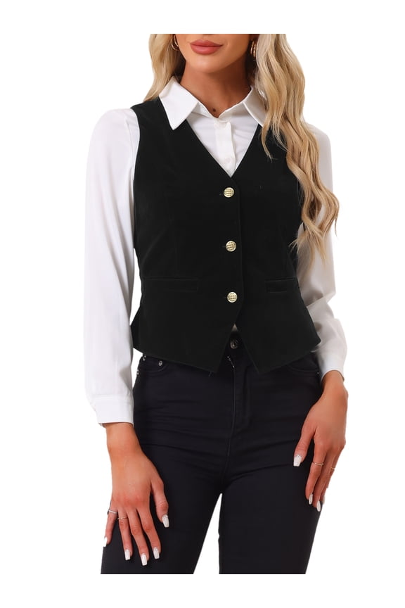 Women's Waistcoat Steampunk Velvet Christmas Sleeveless Button Down V-Neck Suit Vests L Black