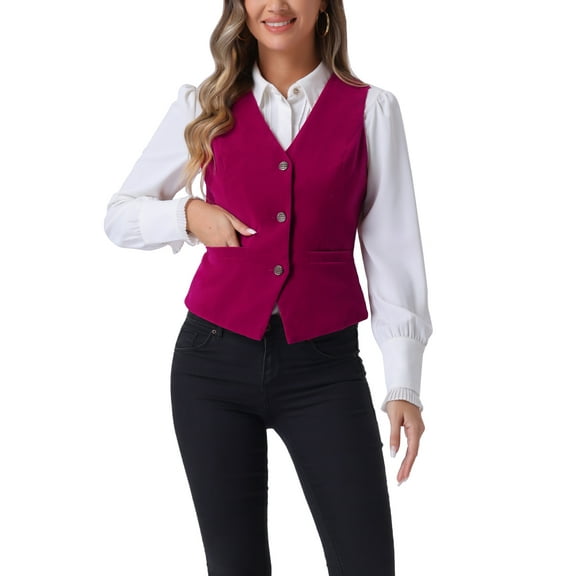 INSPIRE CHIC Women's Waistcoat Steampunk Velvet Christmas Sleeveless Button Down V-Neck Suit Vests L Hot Pink