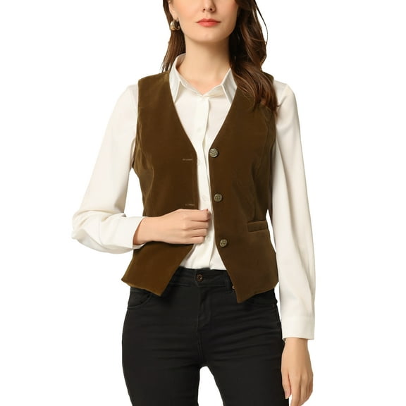 INSPIRE CHIC Women's Waistcoat Steampunk Velvet Christmas Sleeveless Button Down V-Neck Suit Vests M Brown