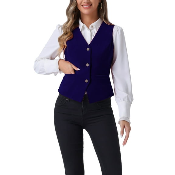 INSPIRE CHIC Women's Waistcoat Steampunk Velvet Christmas Sleeveless Button Down V-Neck Suit Vests M Royal Blue