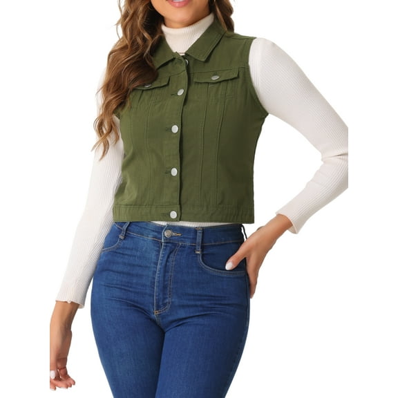 INSPIRE CHIC Women's Washed Denim Button Sleeveless Vest Jacket with Pockets L Army Green
