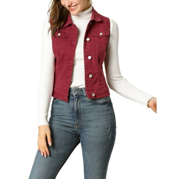 INSPIRE CHIC Women's Washed Denim Button Sleeveless Vest Jacket with Pockets L Burgundy