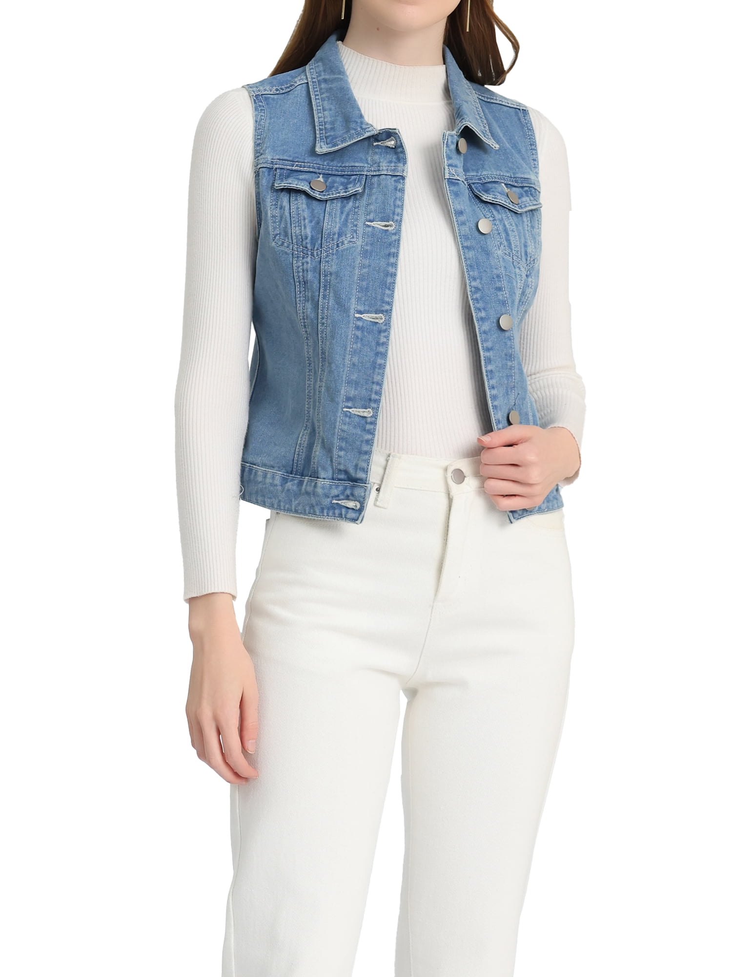 INSPIRE CHIC Women's Washed Denim Button Sleeveless Vest Jacket with — free download