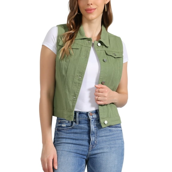 INSPIRE CHIC Women's Washed Denim Button Sleeveless Vest Jacket with Pockets L Pea Green