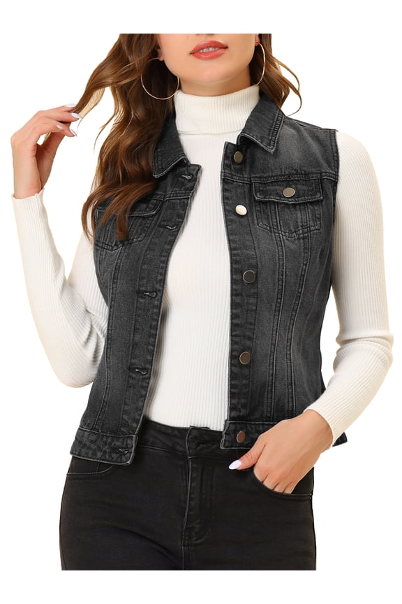 Women's Denim Vest Sleeveless Button Washed Jacket Black M