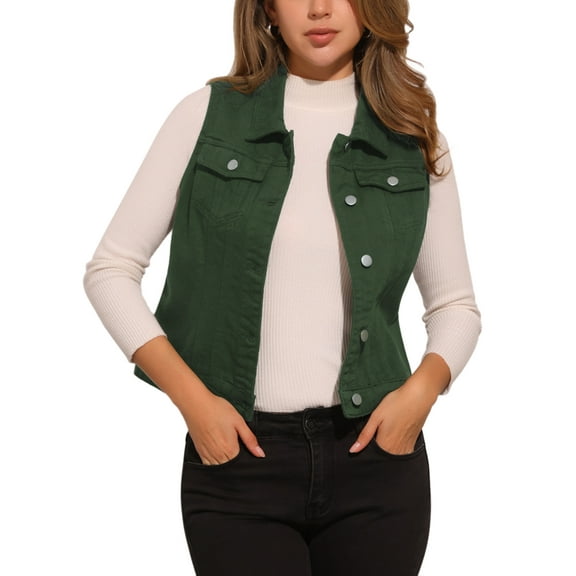 INSPIRE CHIC Women's Washed Denim Button Sleeveless Vest Jacket with Pockets M Dark Green